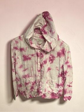 Rachel Zoe Pink and White Tie-Dye Linen Hooded Button Jacket